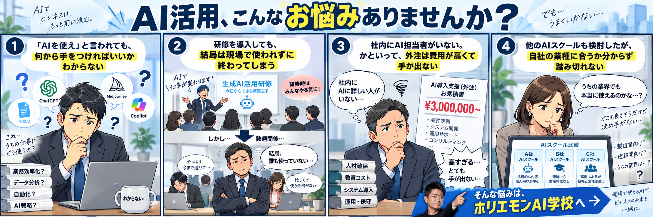 AI導入、こんなお悩みありませんか？　1.AIを使えと言われても何から手をつければいいかわからない　2.研修を導入しても結局は現場で使われずに終わってしまう　3.社内にAI担当者がいない、外注は費用が高くて手が出ない　4.他のAIスクールも検討したが自社の業種に合うか分からず踏み切れない　そんな悩みはホリエモンAI学校へ